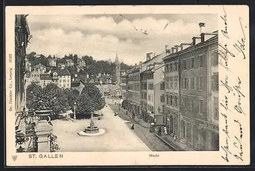 AK St. Gallen, Markt mit Geschäften aus der Vogelschau