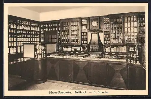 AK Delitzsch, Löwen-Apotheke A. Schunke, Innenansicht mit Tresen