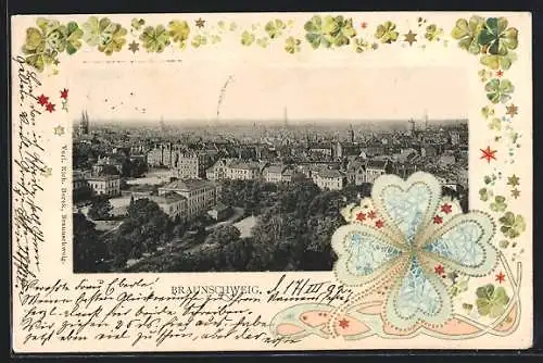 Präge-Lithographie Braunschweig, Teilansicht aus der Vogelschau, ornamentiertes Kleeblatt, Glücksklee