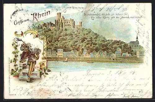 Lithographie Stolzenfels, Burg auf Fels am Rhein