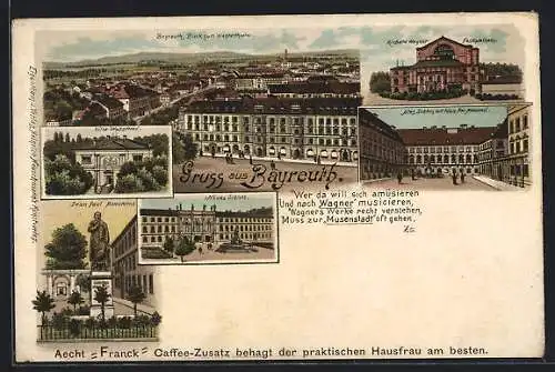 Lithographie Bayreuth, Altes Schloss mit König Max-Monument, Jean-Paul-Monument, Festspielhaus, Ortsansicht