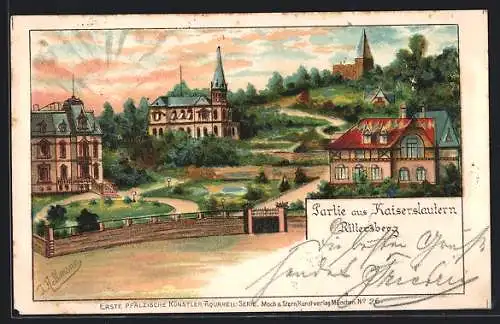 Lithographie Kaiserslautern, Rittersberg mit Gasthaus, Villen, Kirche und Anlagen