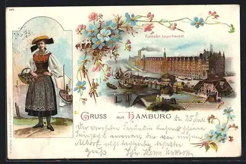 Lithographie Hamburg, Frau in Tracht mit Blumekorb und Freihafen Lagerhäuser