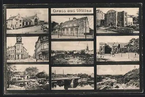 AK Witten, Bahnhof, Poststrasse mit Kaiserl. Postamt, Bootshaus, Grosse Ruhrbrücke, Museum und Haus Witten