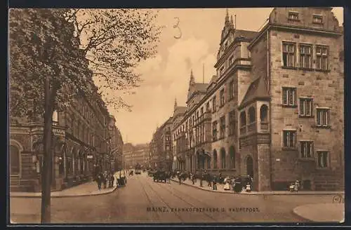 AK Mainz, Bahnhofstrasse, Kreuzung mit Hauptpost, Strassenbahn