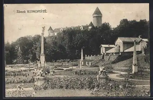 AK Beneschau, Schloss Konopiste mit Anlagen und Denkmal