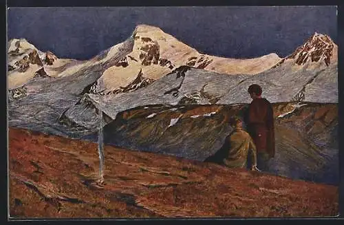 Künstler-AK sign. Hans Beat Wieland: Zwei Knaben im Hochgebirge mit Gipfelpanorama, Lagerfeuer