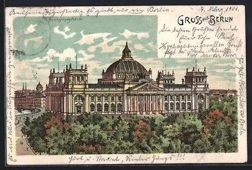 Lithographie Berlin-Tiergarten, Reichstagsgebäude aus der Vogelschau, mit Strasse u. Brücke