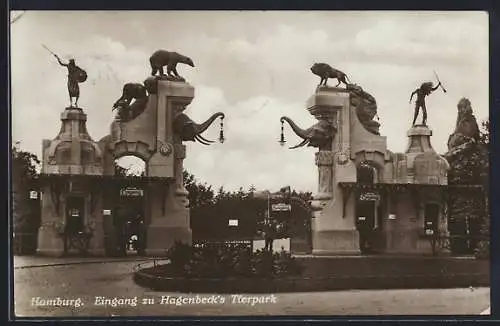 AK Hamburg-Stellingen, Carl Hagenbeck`s Tierpark: Eingang mit Elefanten, Bär & Löwe