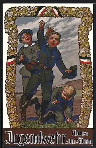 Künstler-AK Jugendwehr, Kinder in Uniformen gerahmt von Reichsfahnen, Hurra zum Sturm