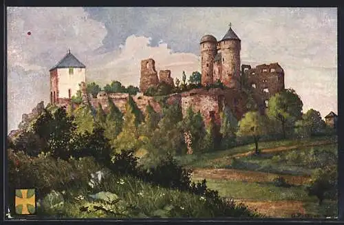 Künstler-AK Greifenstein / Hessen, Ansicht der Burg, Wappen