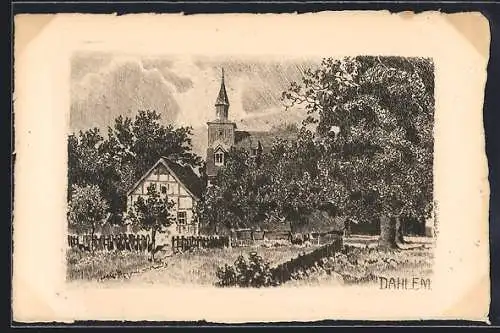 Künstler-AK Berlin-Dahlem, Ortspartie mit Dorfkirche