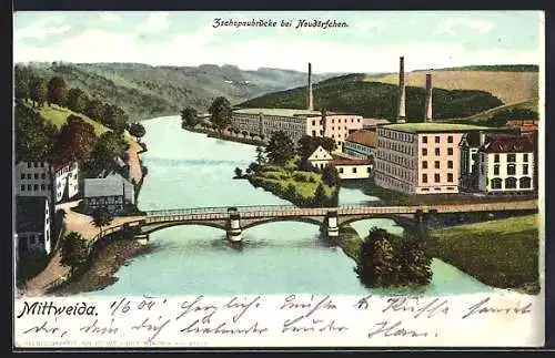 AK Neudörfchen / Mittweida, Ortsansicht mit Zschopaubrücke und Fabrik