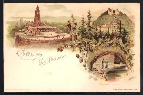 Lithographie Kyffhäuser, Kaiserdenkmal, Rothenburg, Barbarossa-Höhle