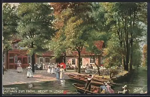 Künstler-AK Lehde / Spreewald, Gasthaus zum fröhlichen Hecht