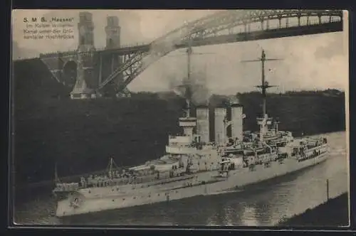 AK Kriegsschiff S.M.S. Hessen unter der Grünentaler Hochbrücke, Kaiser-Wilhelm-Kanal