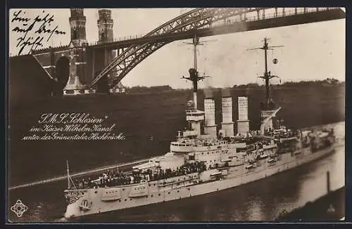 AK S. M. S. Schlesien im Kaiser-Wilhelm-Kanal unter der Grünentaler Hochbrücke