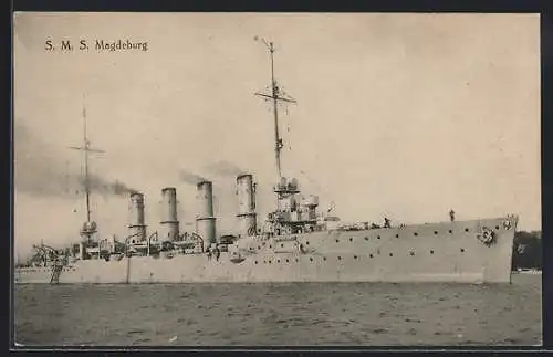 AK Kriegsschiff SMS Magdeburg beim Auslaufen