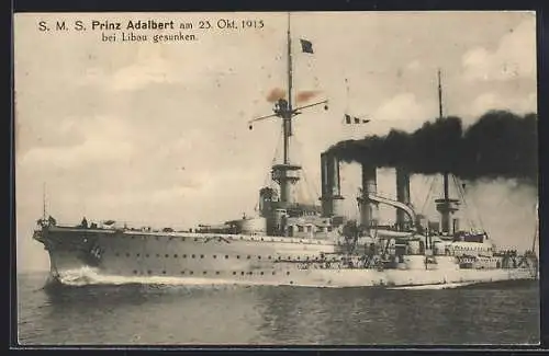 AK Kriegsschiff SMS Prinz Adalbert unter Volldampf, 1915 bei Libau gesunken