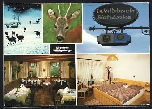 AK Gernsbach /Murgtal, Gasthaus Waldbach-Schänke, Bes. Fam. Klumpp, Wildgehege, Schlafzimmer und Speisesaal