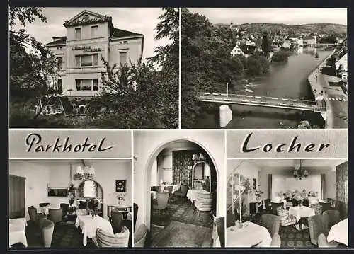 AK Gernsbach im Murgtal, Parkhotel Café Locher, Bes. Otto Locher, Aussenansicht, Partie am Fluss und Essenszimmer