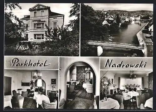 AK Gernsbach bei Baden-Baden, Parkhotel Nadrowski, Bes. Nadrowski, Aussenansicht, Partie am Fluss und Essenszimmer