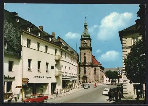 AK Wunsiedel /Fichtelgebirge, Strassenpartie, Textilhaus Wagner, Sankt Veit-Kirche, Buchhandlung Kohler