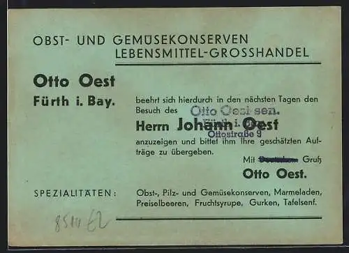 AK Fürth i. Bay., Konserven Otto Oest, Gewerbliche Karte