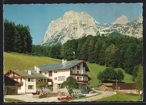 AK Ramsau / Hintersee, Berghotel Gasthof Datzmann, Eingang zum Zauberwald, Gasthaus und Bergblick