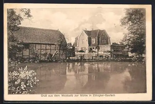 AK Zöbigker-Gautsch, Wald-Café zur Mühle mit Uferpartie