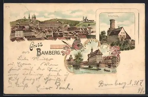 Lithographie Bamberg, Panorama, Altenburg, Rathaus