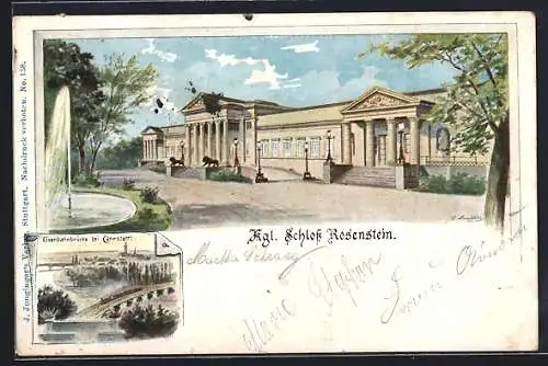 Künstler-AK Stuttgart, Kgl. Schloss Rosenstein, Eisenbahnbrücke bei Cannstatt