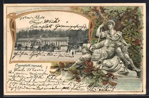 Passepartout-Lithographie Cannstatt, Partie am Kursaal, Denkmal mit Eiche