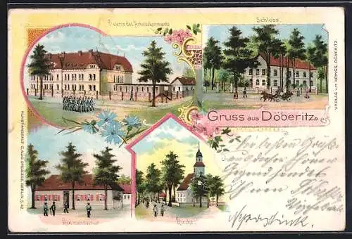 Lithographie Döberitz, Teilansicht Kaserne des Arbeitskommandos, Schloss, Kommandantur, Kirche