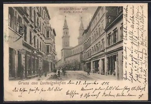 AK Ludwigshafen / Rhein, Wredestrasse und katholische Kirche mit Bäckerei Friedrich Menges