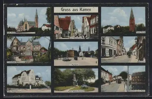 AK Kamen, Krankenhaus, Städt. Realgymnasium, Bahnhofstrasse mit Mühle, Weststrasse, Marktplatz und Kirchen