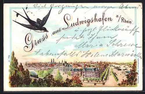 AK Ludwigshafen a. Rhein, Stadtpanorama mit Schwalbe