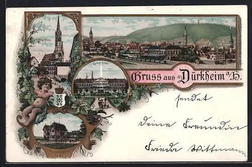 Lithographie Dürkheim, Schlosskirche, Colonnade, Kinderheilstätte, Eisenbahn, Wappen