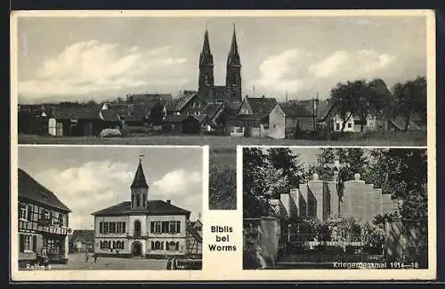 AK Biblis bei Worms, Rathaus, Kriegerdenkmal und Teilansicht