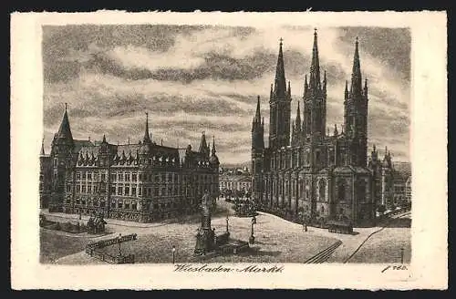 Künstler-AK Wiesbaden, Markt mit Denkmal u. Kirche