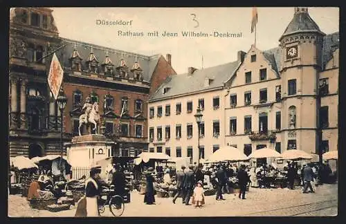 AK Düsseldorf, Rathaus mit Markt und Jean Wilhelm-Denkmal