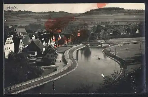 AK Nagold, Ortsansicht mit Fluss u. Brücke aus der Vogelschau