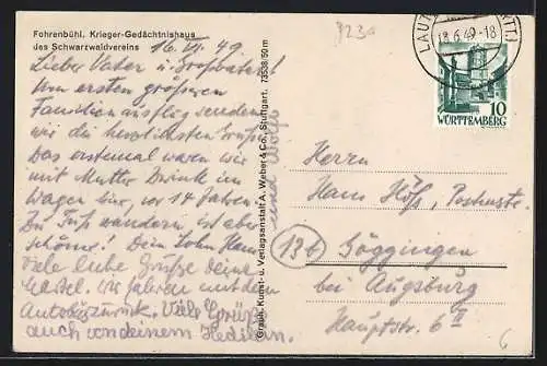 AK Fohrenbühl, Krieger-Gedächtnishaus des Schwarzwald-Vereins