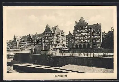 AK Pforzheim, Stadtpanorama mit Brücke