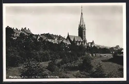 AK Pforzheim, Nagoldpartie mit Stadtkirche