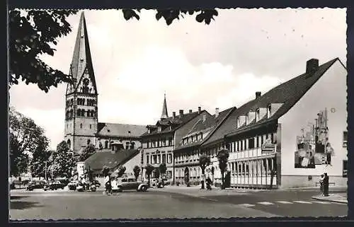 AK Ettlingen /Baden, Strassenpartie mit Sparkasse und Kirche