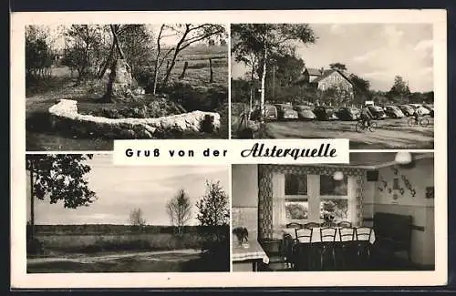 AK Henstedt /Ulzburg, Gaststätte Waldfrieden R. Fritz an der Alsterquelle mit Innenansicht, Denkmal