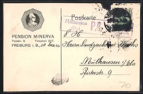 AK Freiburg i. B., Pension Minerva, Poststrasse 8, Korrespondenzkarte, Signet Villa Minerva