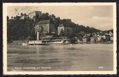 AK Passau, Ilzmündung mit Oberhaus, Dampfer