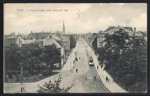 AK Kehl, Hauptstrasse mit Strassenbahn vom Bahnhof aus